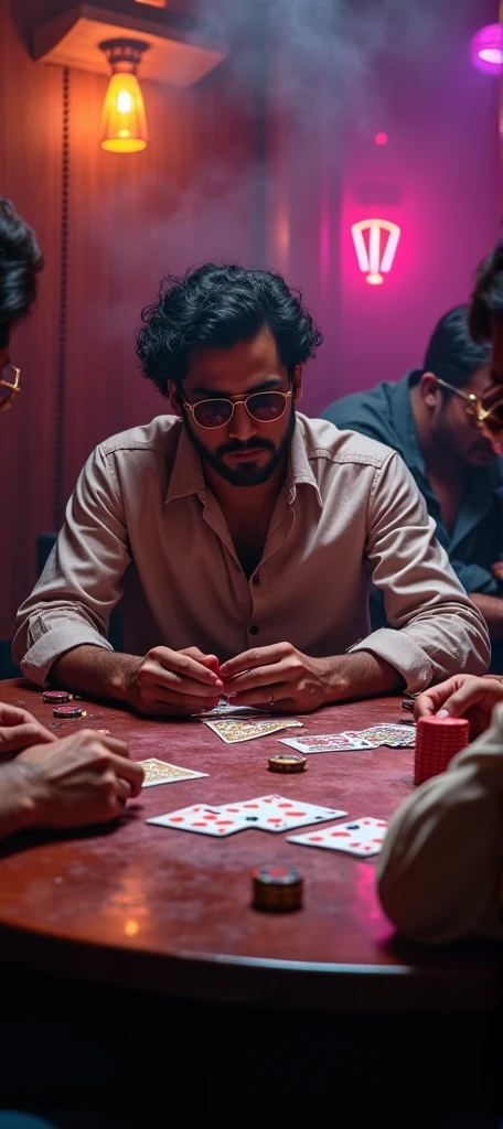 Retro poker game, (best quality, high resolution, HDR, Practical), Bright colors, Extremely detailed description, (Concept Artist), Indian style,Retro Playing Cards, an antique Indian wooden table, vintage poker coins, Card Combination, Indian players wearing stylish vintage clothing, Smoky room, Dim Lights, Intense expression, (portrait:1.1) the faces of Indian players, Holding cards, (Practical shadows), (Bokeh) Impact on background, A lively atmosphere, (professional), (Clear focus).