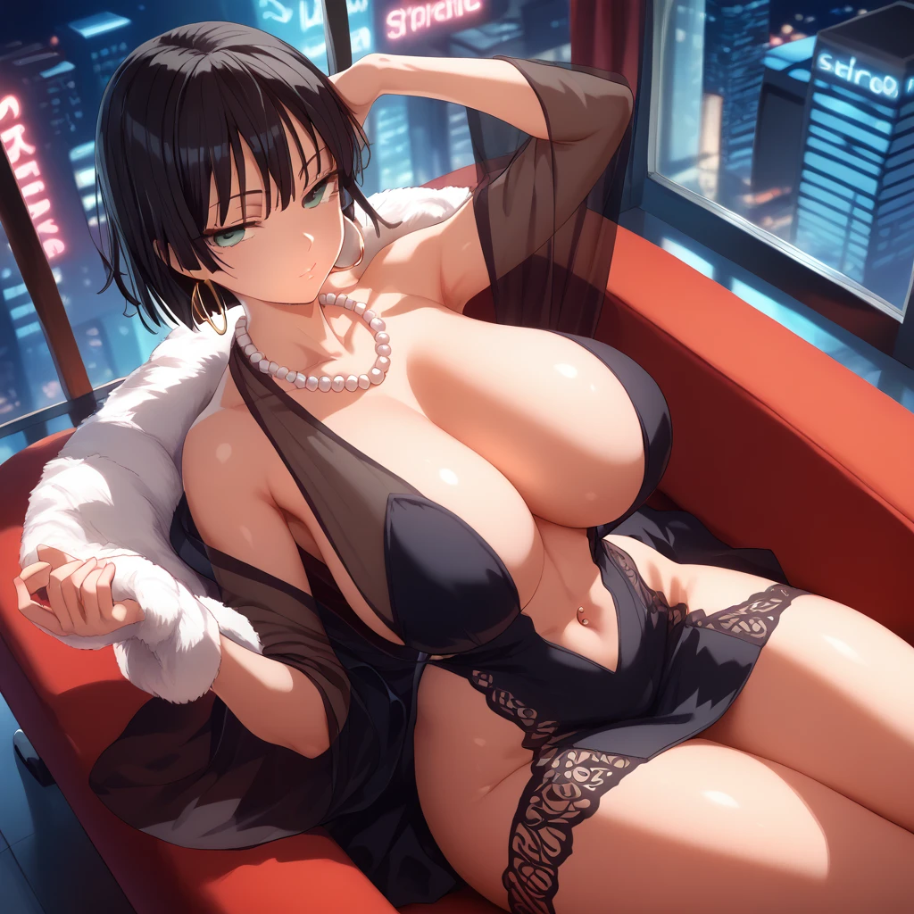 (SAFE FOR WORK), 1 female, Yusuke Murata style, Fubuki from One Punch Man, anime-style face, sexy face, high angle, aerial view, laying down, longer face, short black hair, fully lidded eyes, green eyes, puckered lips, no lipstick, slim/toned body, extremely slim waist, arched back, massive breasts, separated breasts, black translucent robe, navel piercing, large hoop earrings, black skirt, pearl necklace, sitting on lounge chair, night, detailed city background, futuristic city, penthouse, lots of skyscrapers, Tokyo, Japanese symbols neon lights, starts, thick thighs, more details, both hands holding robe together, tiny hearts floating above head