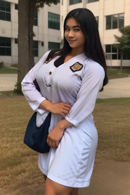 busty asian High school girl on the school yarD LOOKING AT A BOY SHE LIKES TALK TO ANOTHER GIRL. Cinematic lighting and the girl is beautlful with black hair, is shapely , busty with slim waist in school girl uniform