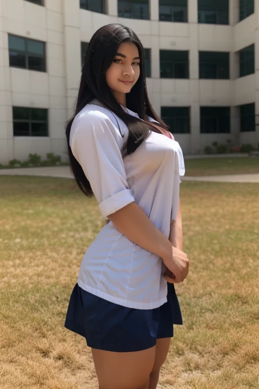 busty asian High school girl on the school yarD LOOKING AT A BOY SHE LIKES TALK TO ANOTHER GIRL. Cinematic lighting and the girl is beautlful with black hair, is shapely , busty with slim waist in school girl uniform