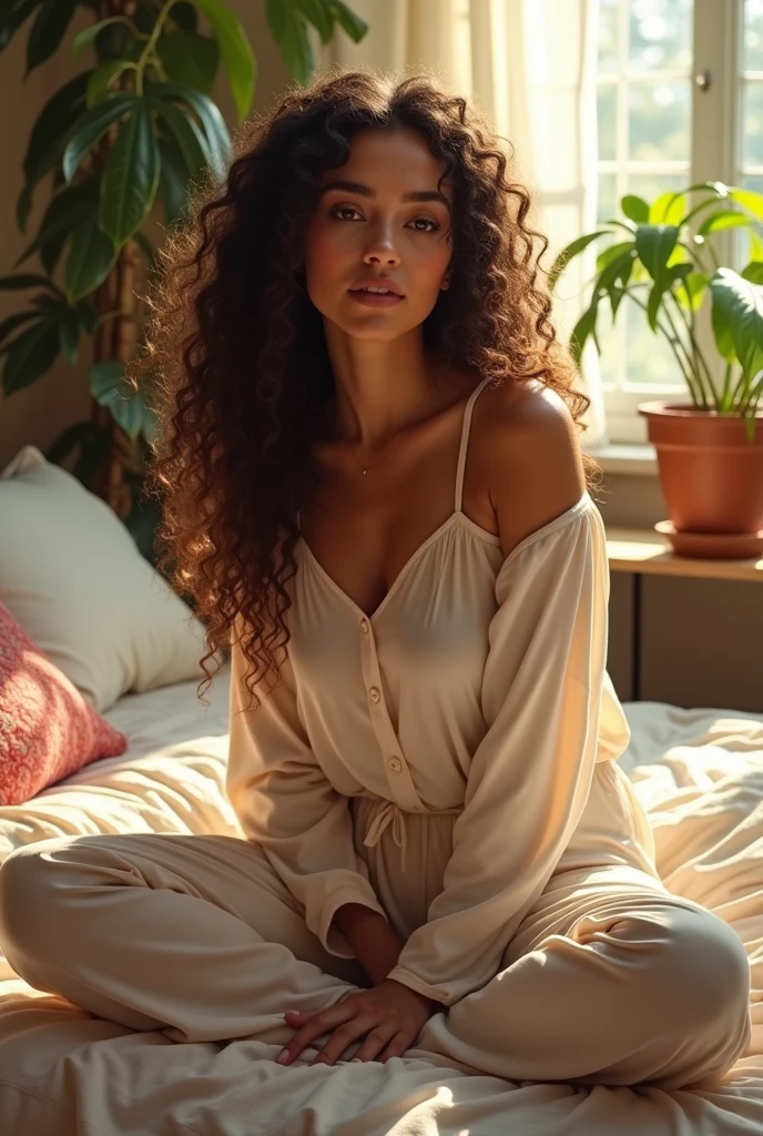 (photorealism:1.2), beautiful woman, sitting on bed, wearing loose off-shoulder top, pajama pants, long curly hair, indoors, soft lighting, plants in background, window with sunlight, cozy room, relaxed pose, realistic, intricate details, warm colors, by Greg Rutkowski, by Alphonse Mucha