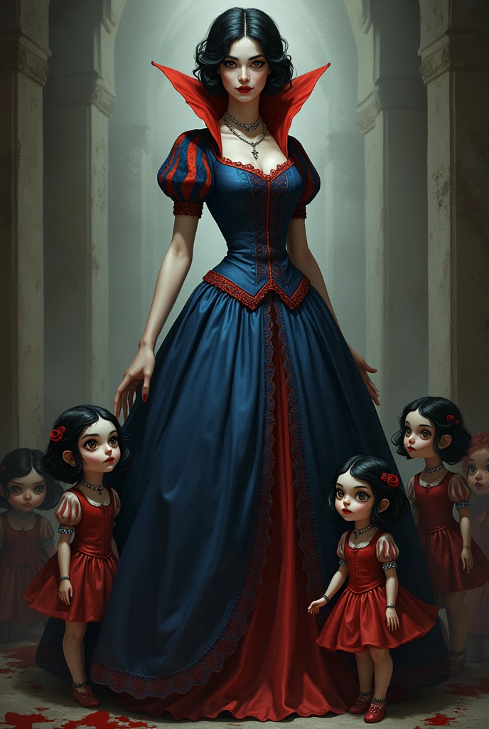 The Villainous Snow White,With the little people,Yandere,Black short hair,Red lips,Blue and red vintage princess dress