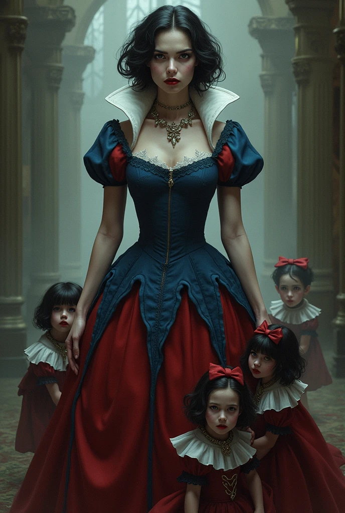 The Villainous Snow White,With the little people,Yandere,Black short hair,Red lips,Blue and red vintage princess dress