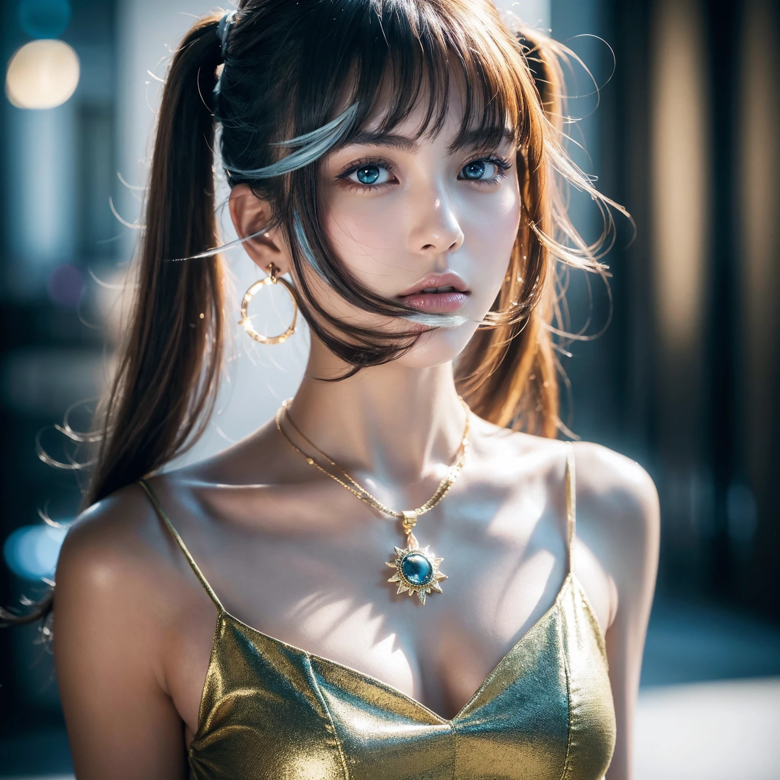 (8k,4K,Top Quality,Hi-Res:1.1),(Realistic, Photorealistic: 1.1),close up of a european,20 year old female,1 girl,独奏,face,twin tails,bangs,gold hair,necklace,earrings,lips,bule eye,eye shadow, Mature,jewelry,beautiful,standing,(small  hips),downtown,natural skin texture,24mm,4K textures,soft cinematic light,RAW photo, Photorealism,photorealistic,intricate,elegant, highly detailed,sharp focus,((((cinematic look)))),soothing tones,insane details, intricate details,hyperdetailed,low contrast, soft cinematic light,dim colors,exposure blend,hdr,faded,spaghetti strap,detailed, high contrast,European close-up,20-year-old female,1 person,alone,face,Twin tails,bangs,Golden Hair,necklace,Earrings,lips,Blue Eye,eye shadow, mature,jewelry,beautiful,Are standing,(Small hips),Downtown,Natural skin texture,24mm,4K Textures,Soft cinematic light,RAW Photos, Photorealism,Realistic,Complex,elegant, highly detailed,Sharp focus,((((Cinematic look)))),Calm tone,非常識なdetailed, Complex details,hyperdetailed,Low contrast, Soft cinematic light,Dim color,Exposure Blending,High resolution,Faded,Spaghetti Straps,detailed, High Contrast,