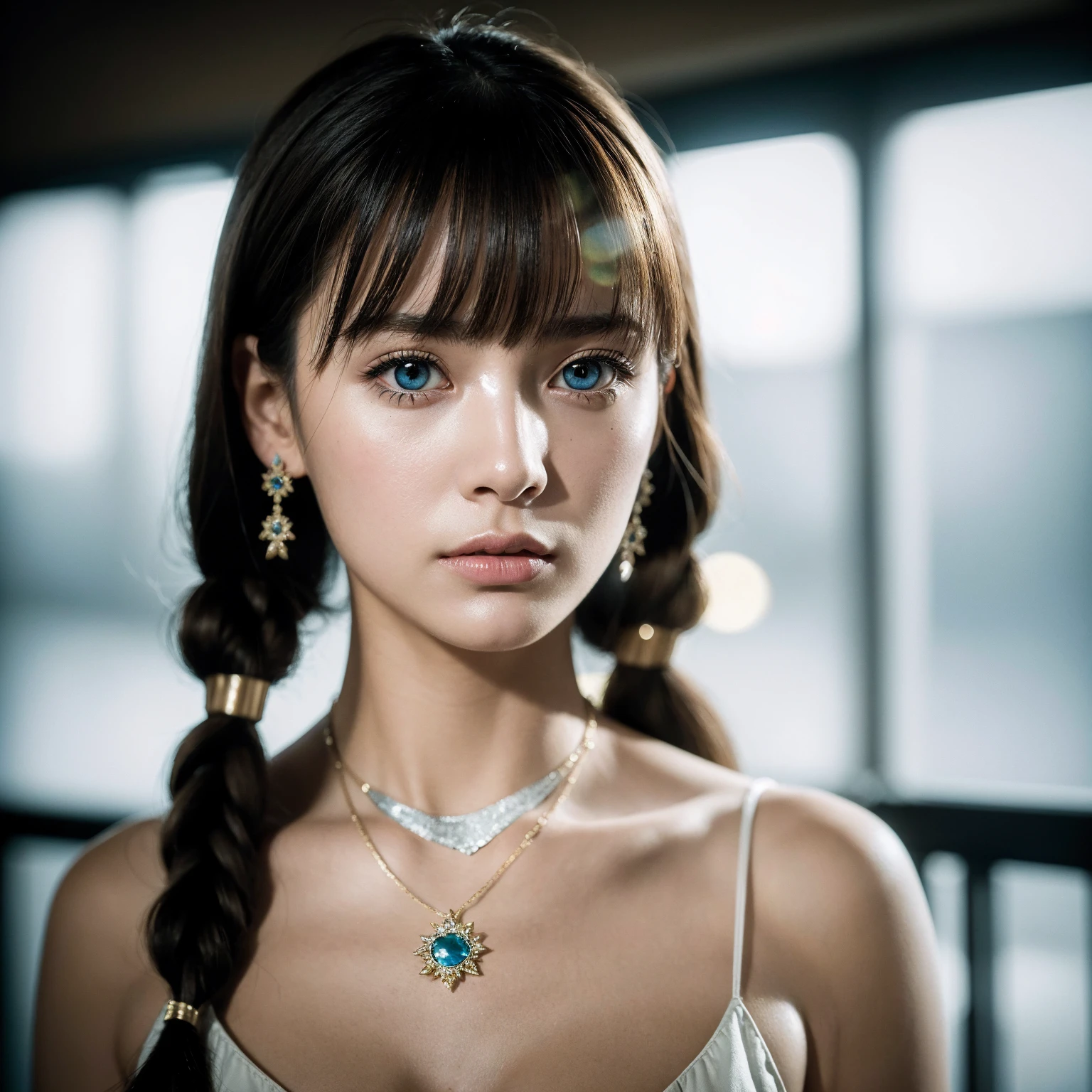 (8k,4K,Top Quality,Hi-Res:1.1),(Realistic, Photorealistic: 1.1),close up of a european,20 year old female,1 girl,独奏,face,twin tails,bangs,gold hair,necklace,earrings,lips,bule eye,eye shadow, Mature,jewelry,beautiful,standing,(small  hips),downtown,natural skin texture,24mm,4K textures,soft cinematic light,RAW photo, Photorealism,photorealistic,intricate,elegant, highly detailed,sharp focus,((((cinematic look)))),soothing tones,insane details, intricate details,hyperdetailed,low contrast, soft cinematic light,dim colors,exposure blend,hdr,faded,spaghetti strap,detailed, high contrast,European close-up,20-year-old female,1 person,alone,face,Twin tails,bangs,Golden Hair,necklace,Earrings,lips,Blue Eye,eye shadow, mature,jewelry,beautiful,Are standing,(Small hips),Downtown,Natural skin texture,24mm,4K Textures,Soft cinematic light,RAW Photos, Photorealism,Realistic,Complex,elegant, highly detailed,Sharp focus,((((Cinematic look)))),Calm tone,非常識なdetailed, Complex details,hyperdetailed,Low contrast, Soft cinematic light,Dim color,Exposure Blending,High resolution,Faded,Spaghetti Straps,detailed, High Contrast,