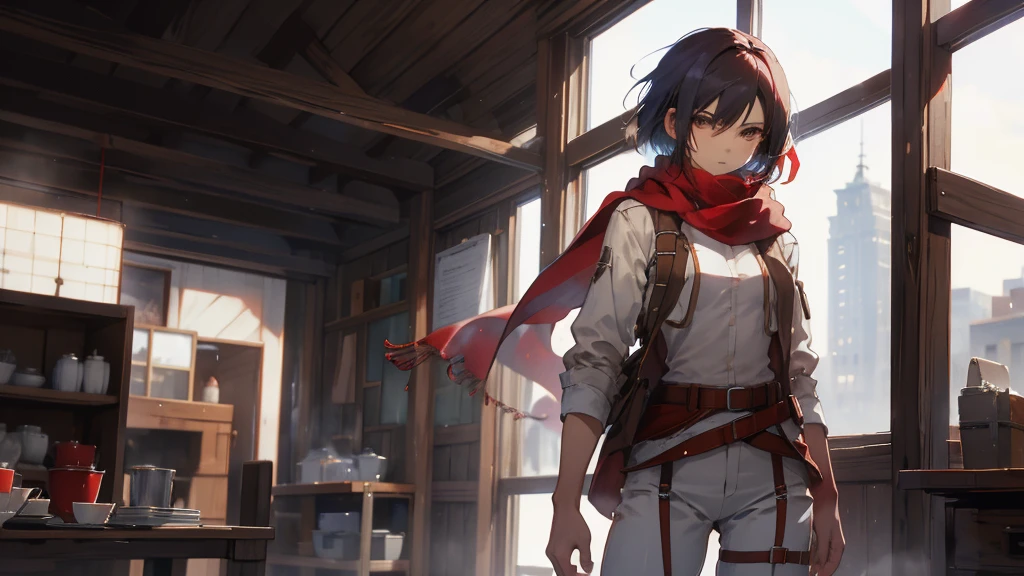 masterpiece, Highest quality, High resolution, Hmm, short hair, Iris, scarf, belt, Thigh straps, red scarf, White pants, White shirt, Are standing, Cowboy Shot,