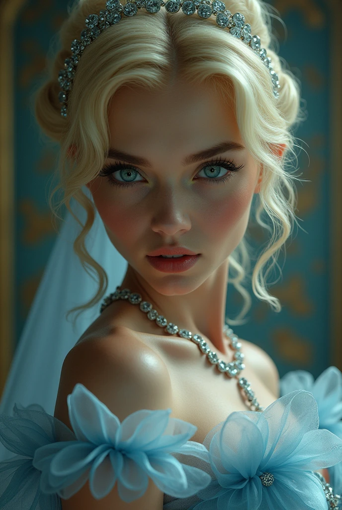 Cinderella,Cinderella,Yandere,blond,Retro hairstyle,Diamond hair ornaments,blue shoes,Crystal Slippers,Disdainful expression