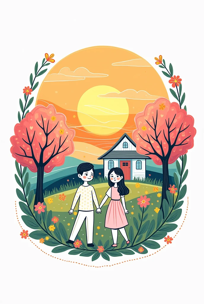 A simple but beautiful family crest to color that contains elements inside the shield such as a house with trees and flowers drawn in the front holding hands with a sunny sunset landscape that symbolize the family SIMPLE DRAWINGS TO DRAW
