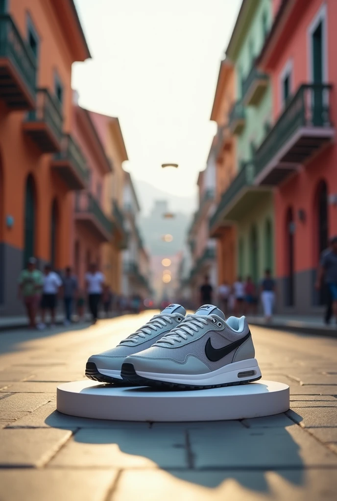 A sleek and modern social media post design featuring a pair of Nike sneakers in the exact shade and design as shown in the uploaded image. The background is a street in Lima, Peru, with recognizable urban elements such as colonial architecture, colorful buildings, and a busy street atmosphere. The sneakers are prominently displayed on a clean, minimalistic platform in the foreground, creating a sharp contrast with the vibrant city background. The lighting is soft, as if during early morning or late afternoon, adding warmth to the scene. The overall composition is dynamic and balanced, with a clear focus on the sneakers while also highlighting the lively urban environment of Lima.