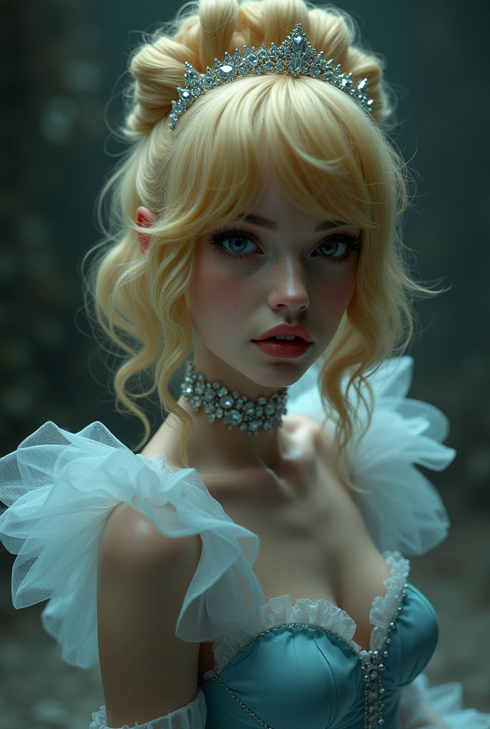 Cinderella,Cinderella,Yandere,blond,Retro hairstyle,Diamond hair ornaments,blue shoes,Crystal Slippers,Disdainful expression,Yandere