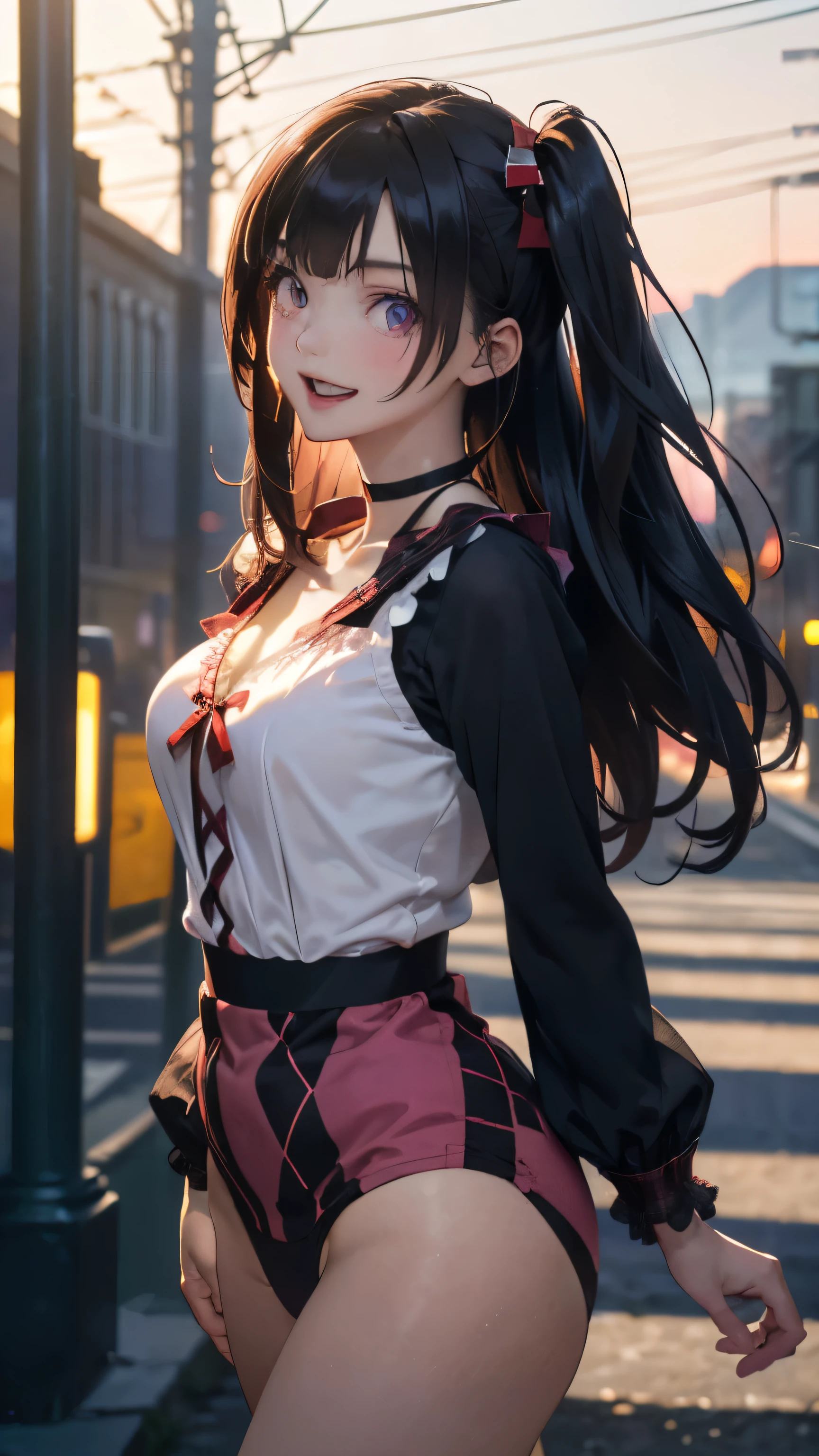 (masterpiece:1.2, Top quality), (Practical, photoPractical:1.4), Nice illustration, (Natural side light, Movie Lighting), Depth of Field, 
Looking at the audience, 1 girl, Japanese, High school girl, Perfect face, Cute and symmetrical face, Glowing skin, 
(Long hair:1.7, (Both sides up:1.4), Black Hair, Pink headband), Bangs, Sweeping Explosion, Purple Eyes, Long eyelashes, (Medium breasts), Delicate and Beautiful Hair, Pretty Face, Beautiful and delicate eyes, Beautiful clavicle, Beautiful Body, Beautiful breasts, Beautiful thighs, Beautiful legs, Beautiful fingers, 
((Deep Red Diamond Grid V-neck Bodysuit, Long-sleeved White Puff Sleeve Shirt, Black necklace)), Black handbag, 
(Beautiful scenery), night, (Outside the cinema), walk, (Lovely smile, Upper Eye, Open your small mouth), 