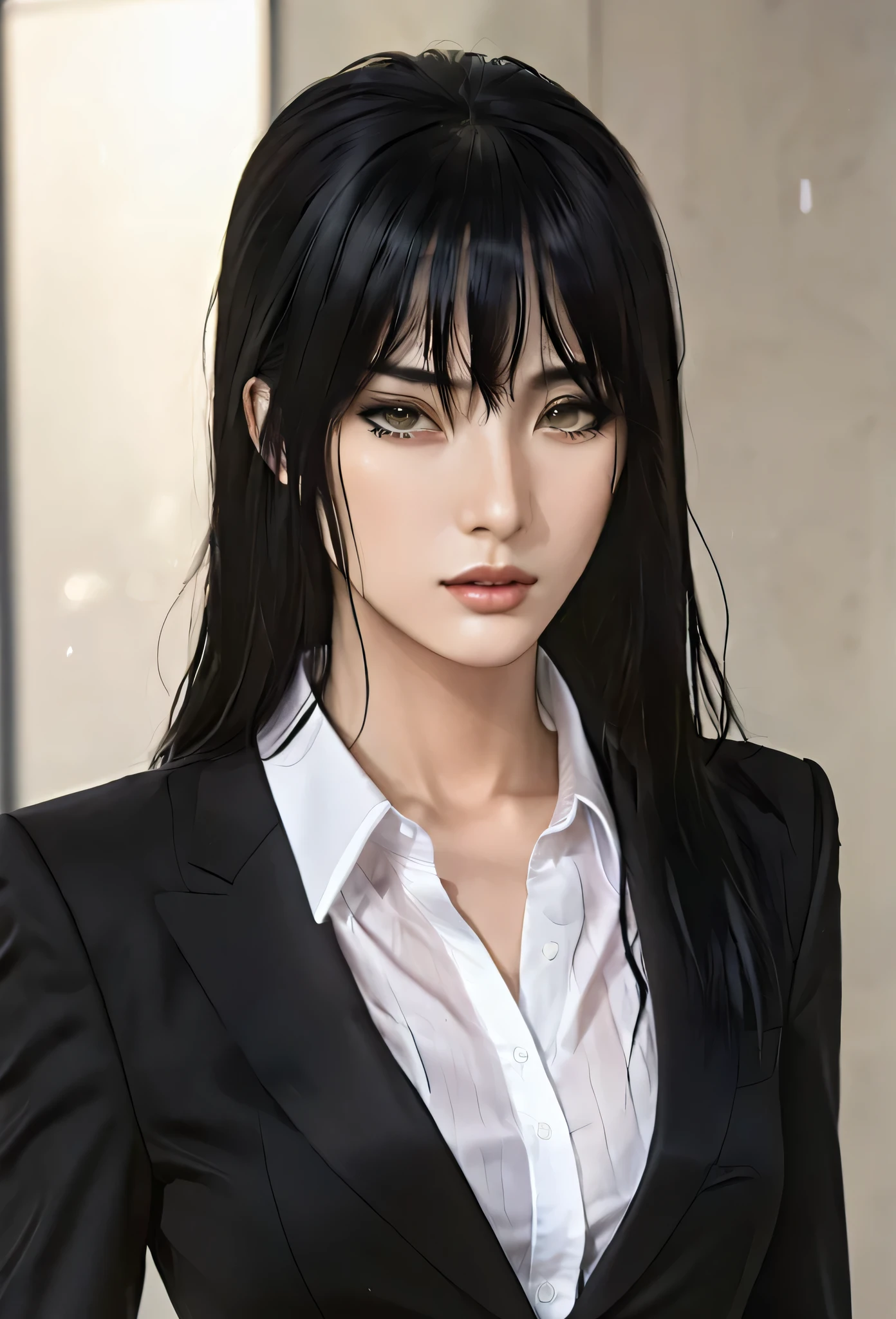 (masterpiece high quality, modern clothes) face focuss, 3x4 , 24 years, caitlyn, black hair, 1girl, long hair, bangs, black attire, normal , messy hair, white top suit, black clothes, anime style character, highly detailed exquisite fanart, realistc anime, black eyes