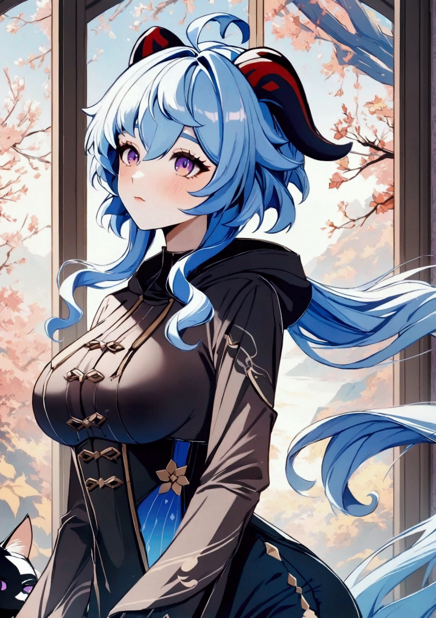 ganyu \(genshin impact\), Purple eyes, long hair, light blue hair that ends in shades of darker blue, long ponytail, Brownish horns with red engravings, turn backwards, alternate costume, cat hat, Anime-style illustrations, Moe art style, Wallpaper 8K, Digital Illustration, large breasts, She wears a hoodie with animal ears and techno-wear technology, futuristic fashion in black and Holographic colors, There are lots of details and buttons, Cable coming out of sleeve, The background features a simple pattern of cat motifs and paw prints., blue and Black, Black Cat's Eyes, Holographic, Holo Details