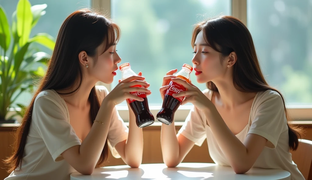 Two beautiful Korean girls are sitting drinking coca-cola in a cafe, cinema lighting, real photo, advertising style, daylight, cold light,