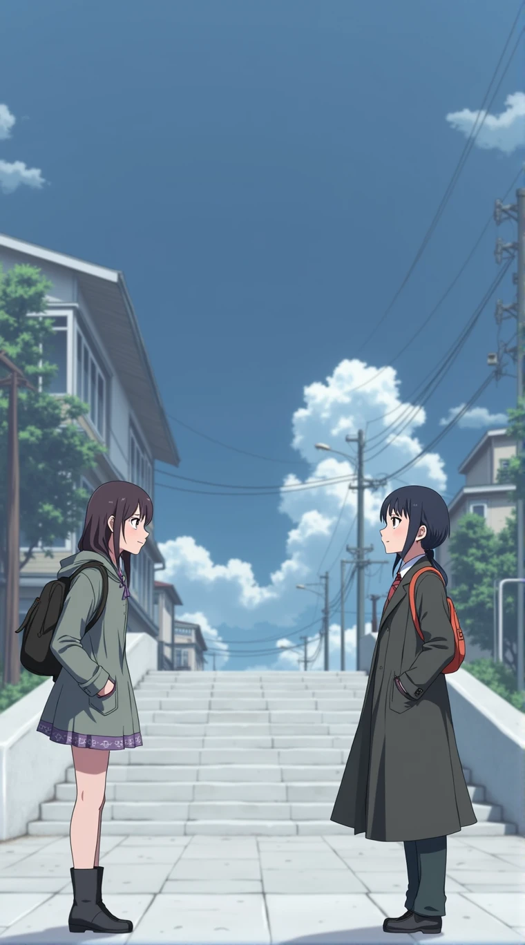 Couples who haven't seen each other in years meet on the street,The style is similar to Makoto Shinkai's《Your name》Memories overflow in my head,His face was filled with emotions he hadn't seen in years。。。。。。。,Take the letter literally,exquisite facial features,delicate face,The blue sky and white clouds,meet,Look across the street or up the stairs.