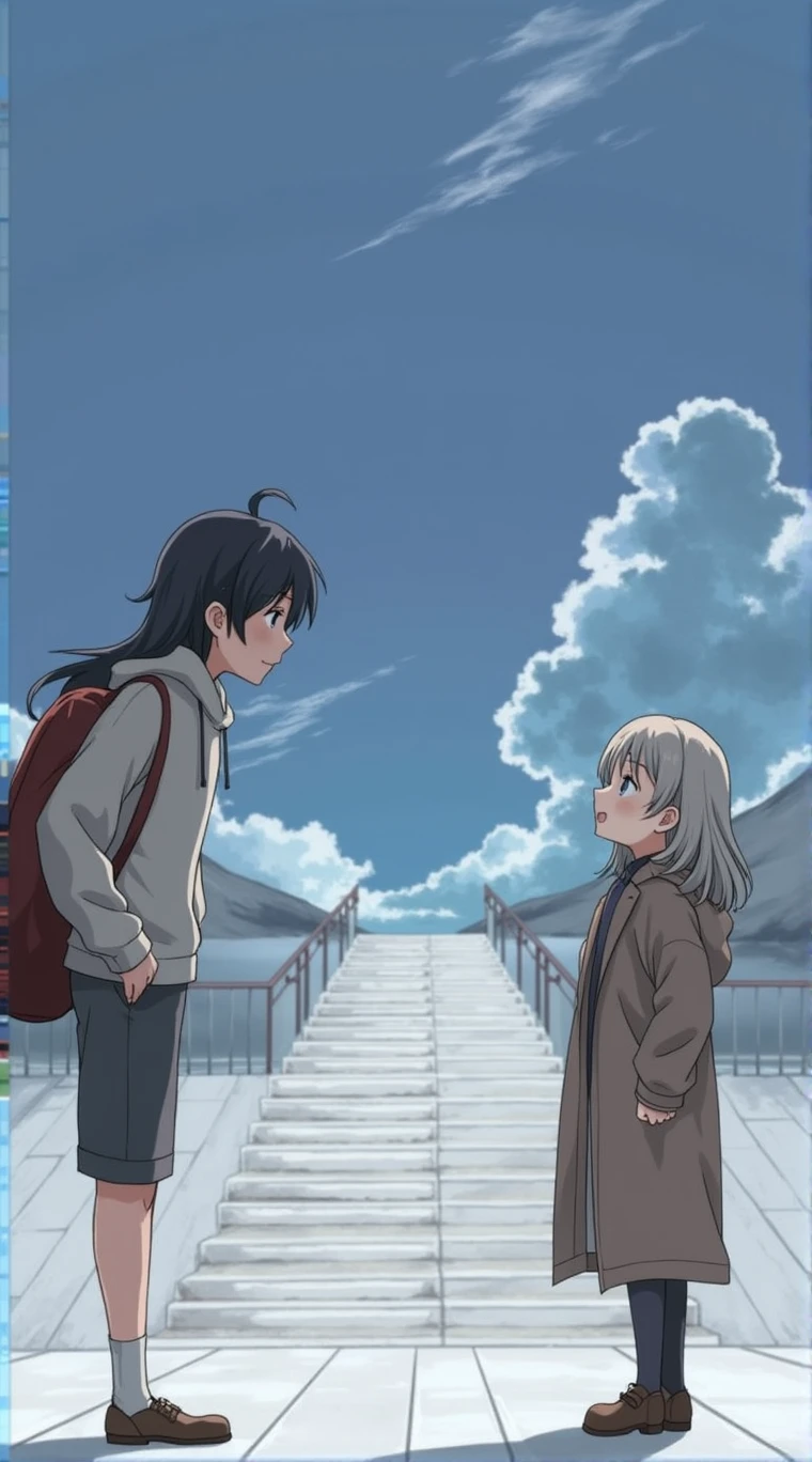 Couples who haven't seen each other in years meet on the street,The style is similar to Makoto Shinkai's《Your name》Memories overflow in my head,His face was filled with emotions he hadn't seen in years。。。。。。。,Take the letter literally,exquisite facial features,delicate face,The blue sky and white clouds,meet,Look across the street or up the stairs.