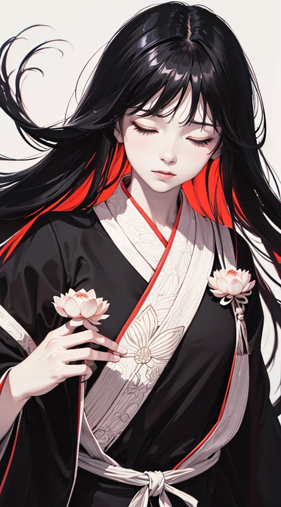 (Original), (masutepiece) , (Best Quality) ,(reality), Photorealistic, Octane Rendering, (Surreal) , Perfect features,1 girl, Colorful,translucent hair, (glowing inner hair),the perfect appearance,Black hair,Long hair,(Black clothes:1.2),Hanfu,Closed eyes,Red Lotus,(White background:1.3),(Flat color:1.2),deadpan