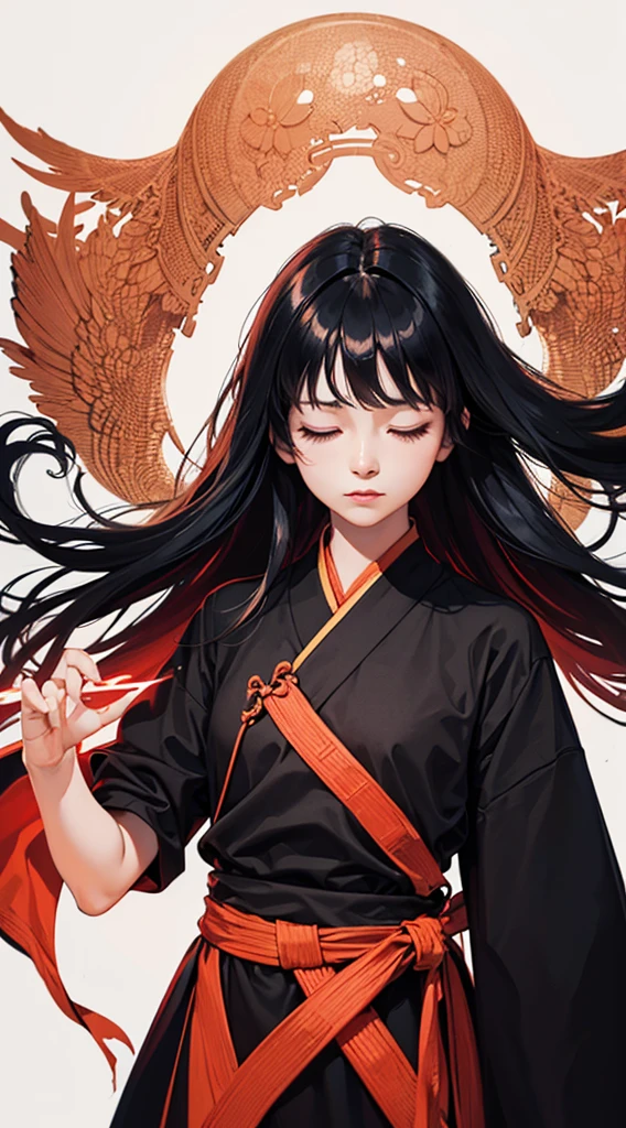 (Original), (masutepiece) , (Best Quality) ,(reality), Photorealistic, Octane Rendering, (Surreal) , Perfect features,1 girl, Colorful,translucent hair, (glowing inner hair),the perfect appearance,Black hair,Long hair,(Black clothes:1.2),Hanfu,Closed eyes,Red Lotus,(White background:1.3),(Flat color:1.2),deadpan