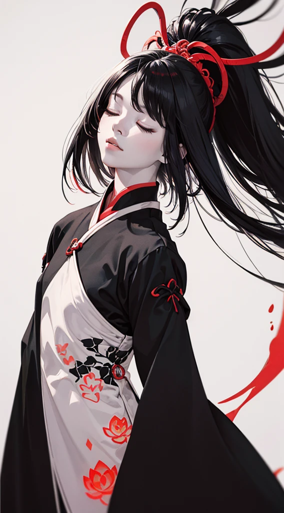 (Original), (masutepiece) , (Best Quality) ,(reality), Photorealistic, Octane Rendering, (Surreal) , Perfect features,1 girl, Colorful,translucent hair, (glowing inner hair),the perfect appearance,Black hair,Long hair,(Black clothes:1.2),Hanfu,Closed eyes,Red Lotus,(White background:1.3),(Flat color:1.2),deadpan