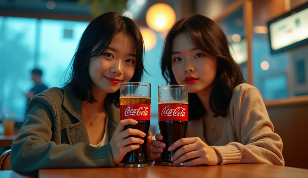 Two beautiful Korean girls are sitting drinking coca-cola in a cafe, cinema lighting, real photo, advertising style, daylight, cold light,