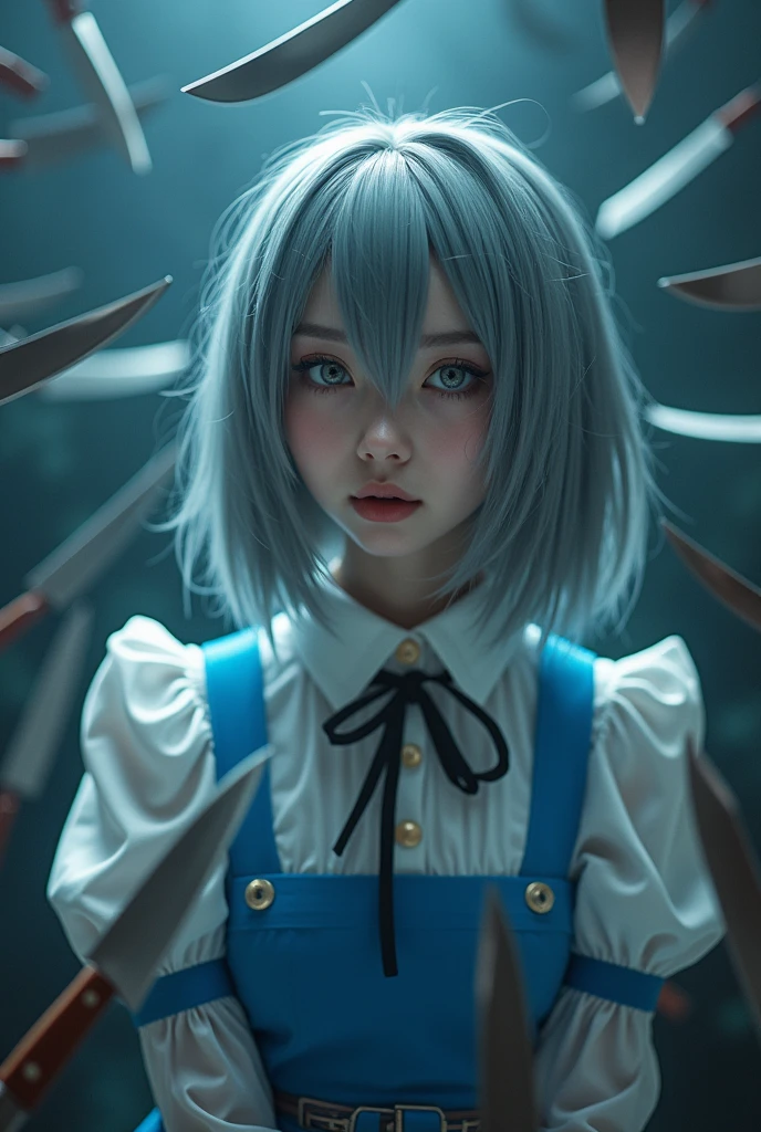 ((16 Nights Sakiya)), ((Touhou Project)), Cosplay, 20-year-old woman, (((gray hair)), ((medium spiky hair)), ((blue maid outfit)), ((white blouse)), midchest, (light)))), (pose))), (photorealistic photo: 1.3), rim lighting, (high detail skin:1.2), 8K UHD, dslr, high quality, high resolution, 4K, 8K, Bokeh, Absurdity, Best ratio four fingers and one thumb, (Real:1.3), Cutest 1 Girl, Lots of Knives