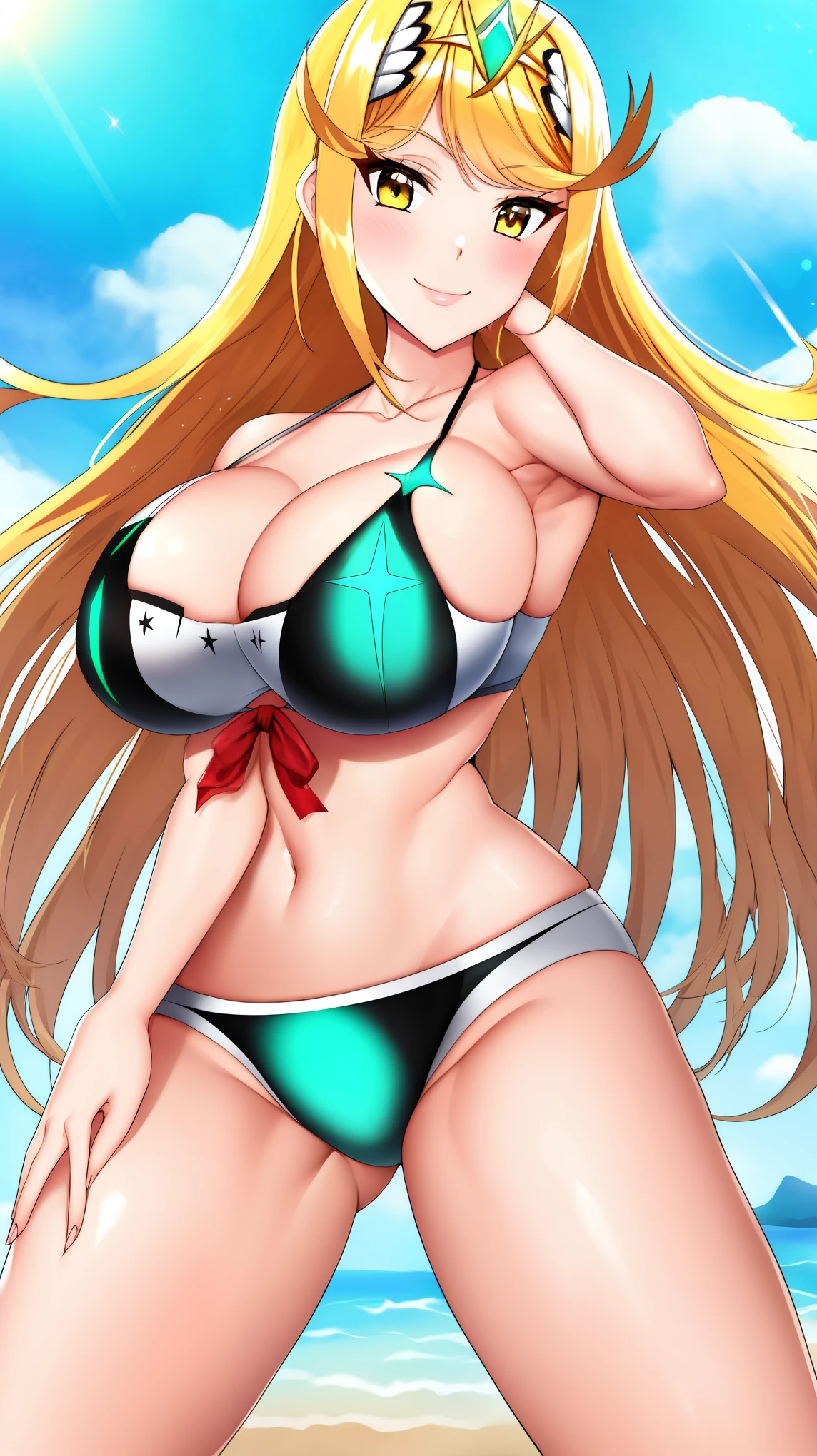 mythra, 1girl, solo, long_hair, breasts, looking_at_viewer, smile, bangs, blonde_hair, large_breasts, yellow_eyes, bikini, Hot cleavage, Big breasts, provocative