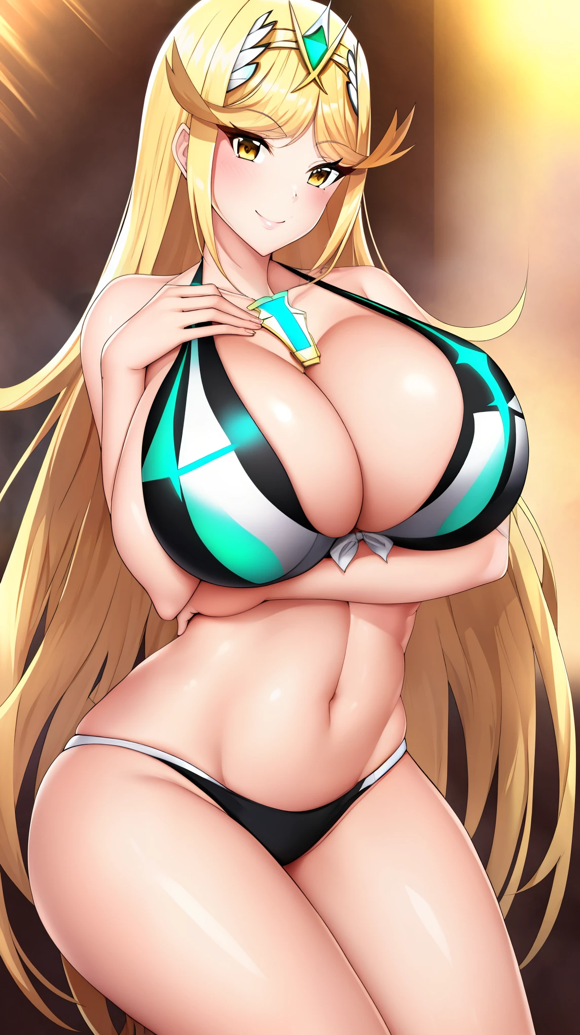 mythra, 1girl, solo, long_hair, breasts, looking_at_viewer, smile, bangs, blonde_hair, large_breasts, yellow_eyes, bikini, Hot cleavage, Big breasts, provocative