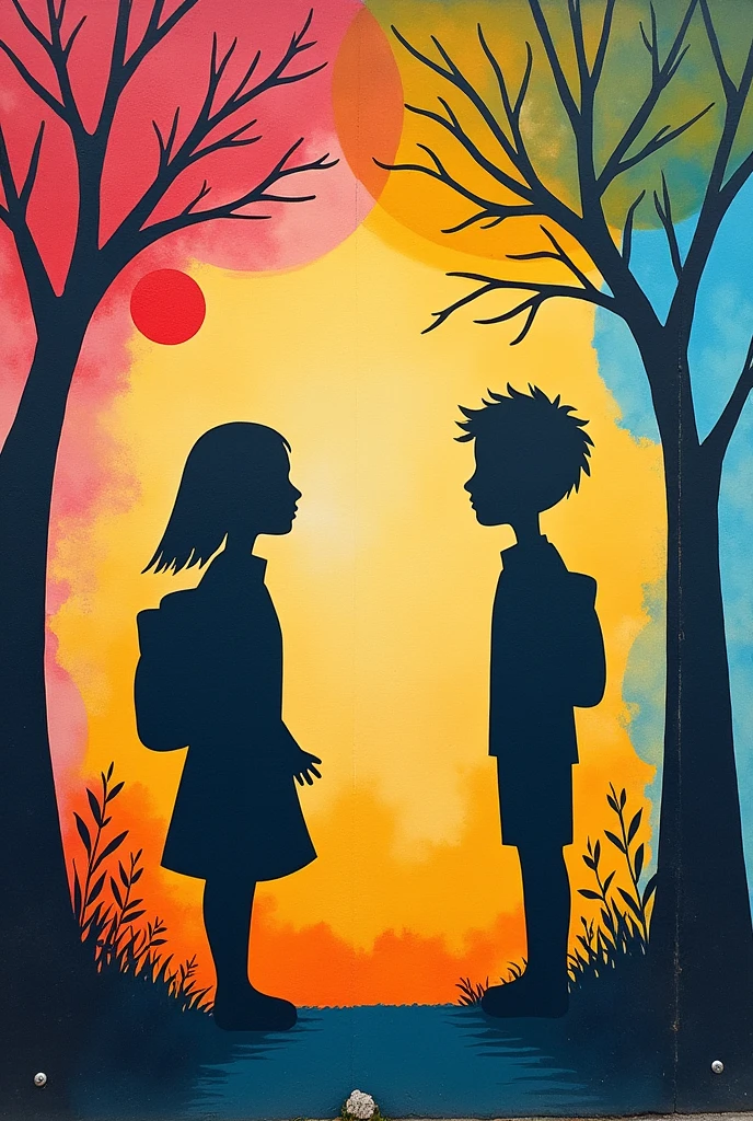 A mural of the value of prudence in school art muralism, that there are simply two silhouettes and that the values are conceptual and that the people are not realistic, but rather they be simple, and a little more colorful and expressive