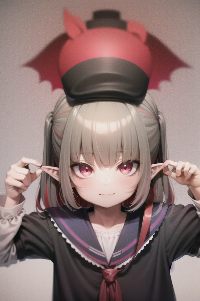 Highest quality, masterpiece, Ultra-high resolution, Upper Body, One person, alone, (makaino ririmu:1.3), Devil Girl, Devil&#39;s Wings, Red wings, Ahoge, Grey Hair, multicoloRedhead, Striped Hair, Redhead, Medium Hair, Twin tails, Side Lock, Pointed Ears, Red eyes, Leather Fang, Red choker, Pink jacket, Open jacket, White shirt, Seraphim, Handbags, Blue mini skirt, Leg Tattoos, smile, Open your mouth, street 