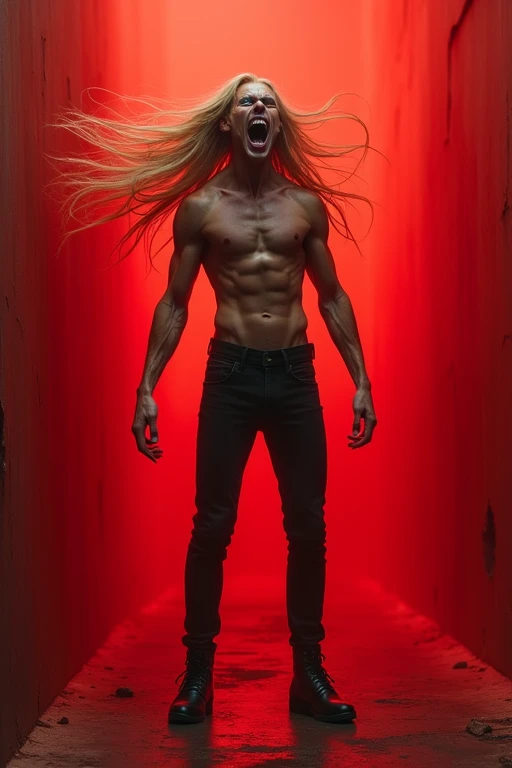 Make a tall, thin man with long blonde hair wearing black pants and black boots shouting in hatred, in a red environment