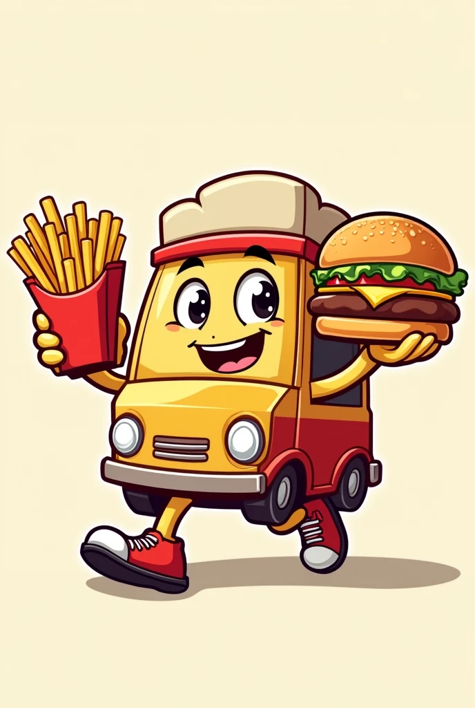 Give me a logo of a fast food truck character carrying French fries and a burger in his hands