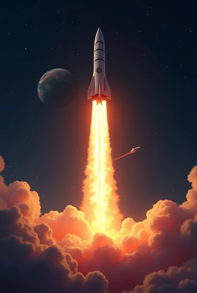 Ambition: A rocket launching into space, leaving behind trails of fire and light, representing the drive to reach beyond limits and achieve greatness.