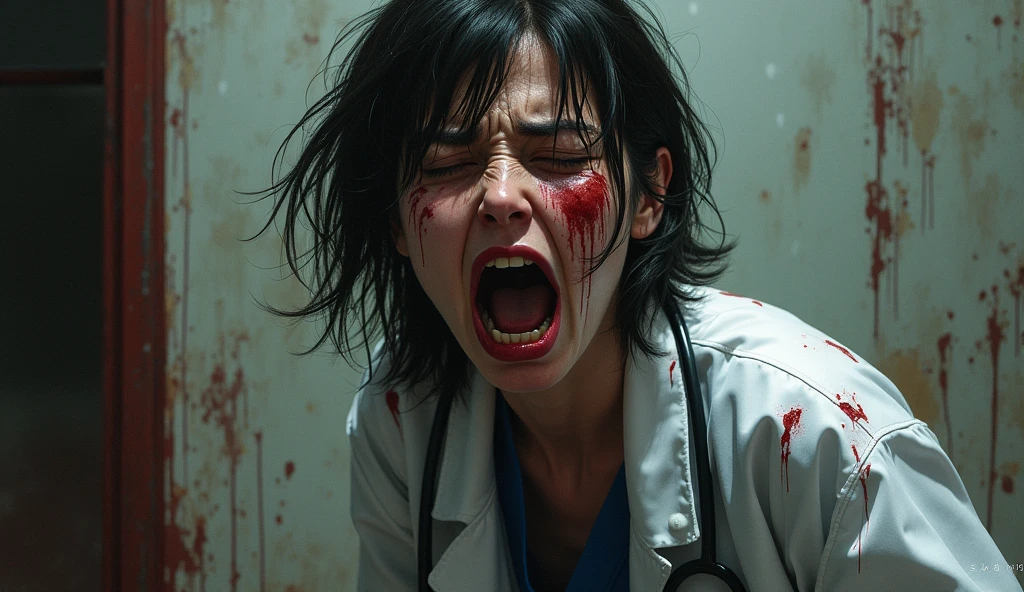 Indian beautiful nurse shouting and crying badly with face blood and cloths