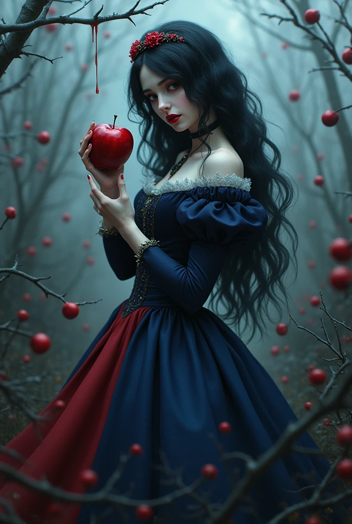 The Villainous Snow White,Seven dwarfs,Yandere,Black short hair,Red lips,Blue and red vintage princess dress,Holding a red apple,Blood drips on the red apple,In the black bramble field