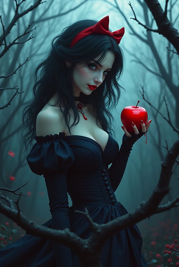 The Villainous Snow White,Seven dwarfs,Yandere,Black short hair,Red lips,Blue and red vintage princess dress,Holding a red apple,Blood drips on the red apple,In the black bramble field