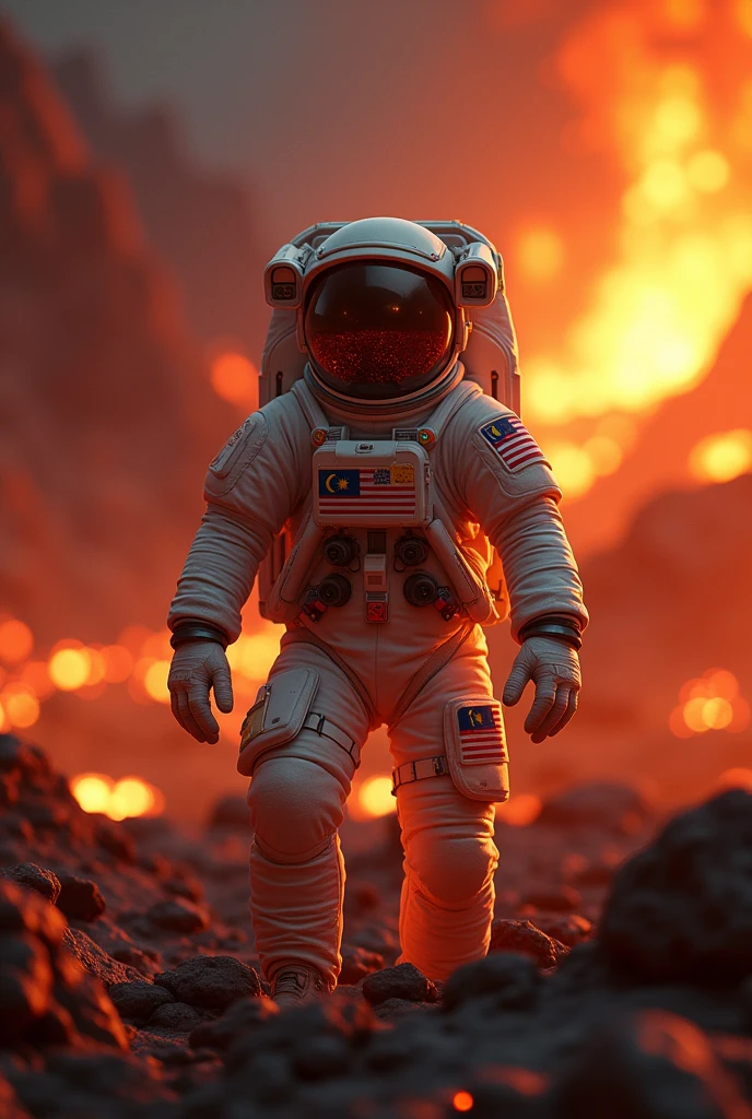a Malaysia flag on the lava , burning place very hot extremely hot. ,Malaysia astronaut taking a selfie,man height body average 45 year old detailed space suit,detailed Malaysia flag,detailed lunar landscape,dramatic lighting,cinematic angle,hyperrealistic,photorealistic,8k,unreal engine,stunning,vibrant colors,dramatic shadows,volumetric lighting,intricate details