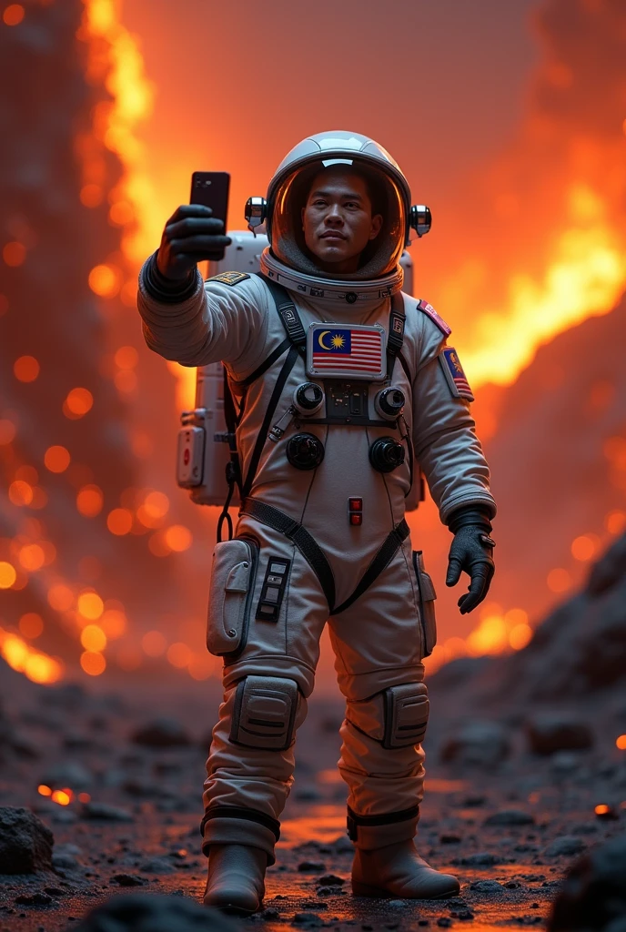 a Malaysia flag on the lava , burning place very hot extremely hot. ,Malaysia astronaut taking a selfie,man height body average 45 year old detailed space suit,detailed Malaysia flag,detailed lunar landscape,dramatic lighting,cinematic angle,hyperrealistic,photorealistic,8k,unreal engine,stunning,vibrant colors,dramatic shadows,volumetric lighting,intricate details