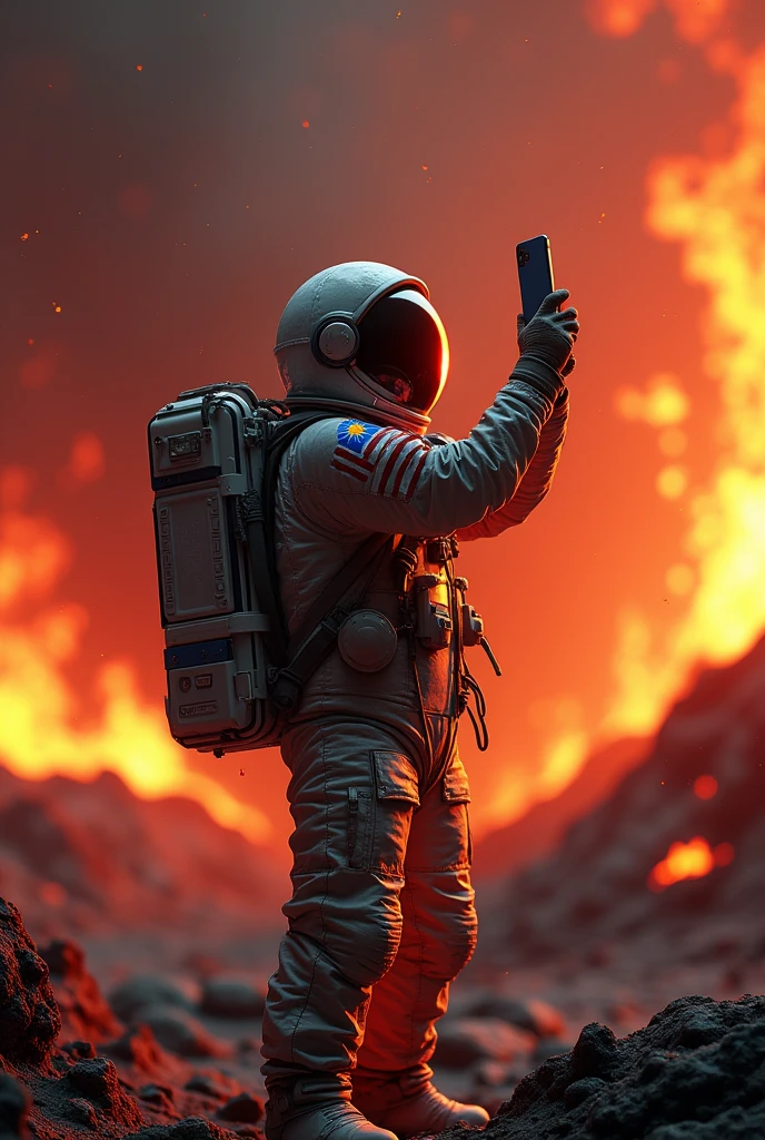 a Malaysia flag on the lava , burning place very hot extremely hot. ,Malaysia astronaut taking a selfie,man height body average 45 year old detailed space suit,detailed Malaysia flag,detailed lunar landscape,dramatic lighting,cinematic angle,hyperrealistic,photorealistic,8k,unreal engine,stunning,vibrant colors,dramatic shadows,volumetric lighting,intricate details