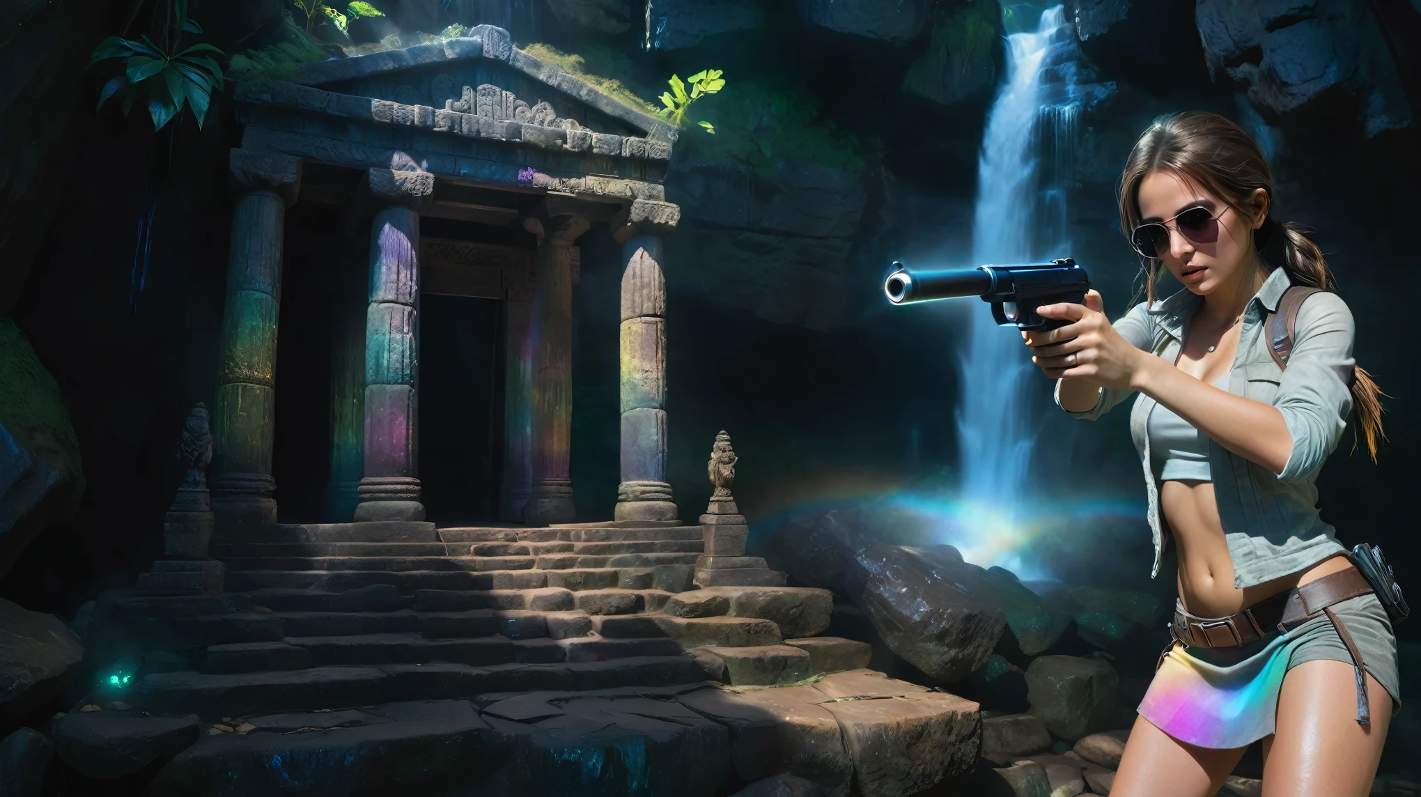 colorful all-glass ancient temple, stone statue, mysterial signs, rainbow colors waterfalls, sparkling effects, amospheric fog. At night, (1girl, solo), photorealistic, medium-breast:1.3 slim body, cleavage, tomb raider style costume with miniskirt, (matrix style black sunglasses, holding a short gun), half-body thigh level medium shot, cinematic lighting, ray tracing.