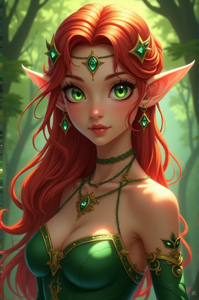 Female elf, red hair, brown skin, anime