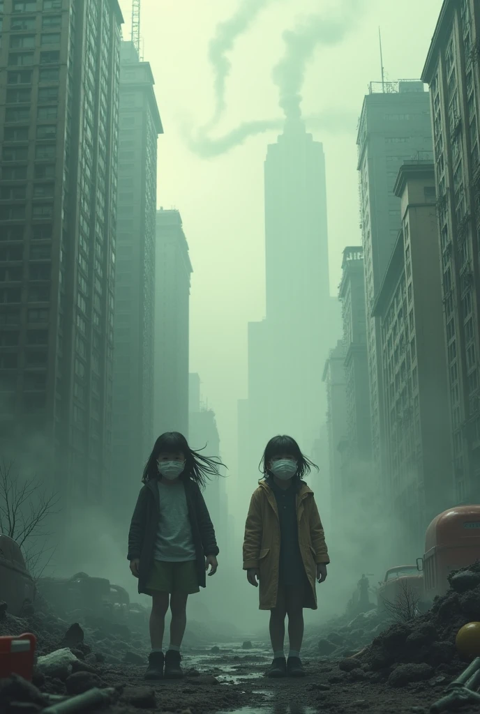A polluted city with two girls coughing 