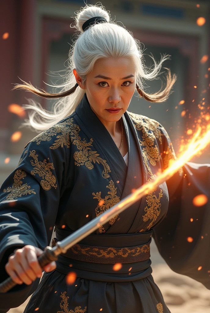 elderly,70 years old,White hair,Female master,Tang Dynasty,A black and gold dragon pattern,Will martial arts,Engaged in a fierce battle with the opponent,was hit in the chest by the opponent's palm.,Surprised expression