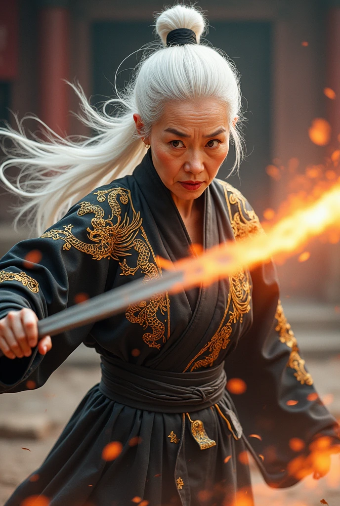 elderly,70 years old,White hair,Female master,Tang Dynasty,A black and gold dragon pattern,Will martial arts,Engaged in a fierce battle with the opponent,was hit in the chest by the opponent's palm.,Surprised expression
