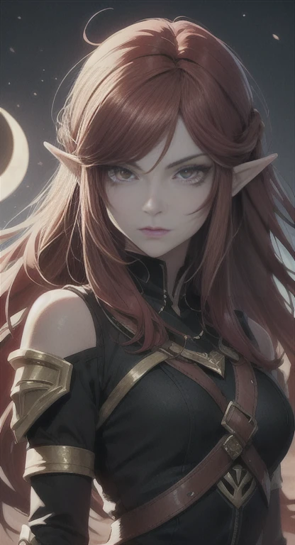 The eclipse Queen Zelda, Dark attire, grey skin, blood red eyes, cursed markings, tribal armor, battlefield, red hair, green eyes,
