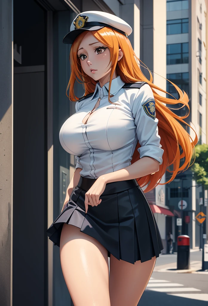 Masterpiece,Solo,1Girl,Orihime Inoue,(Bleach),Big Breasts,Perfect Body,Best Quality,High Resolution,Photograph 16K,Ultra Detailed,Long Hair,Beautiful,Beautiful Girl,Street Version,Blonde Hair,Female Police Theme,Female Police Uniform,Police Short Skirt,Police Hat,Sexy Body Hot,Black Hair,Sexy Uniform