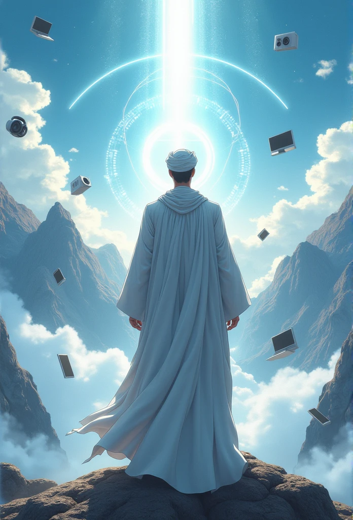 animation. Cinematic A very dignified and dashing Muslim man, wearing a long white turban that extends downwards, wearing a long plain white robe, facing backwards, only his back is visible, you can see the aura, chakras and good power that are coming out powerfully around his body, he standing in the middle of a cloudy mountain peak, in an epic view of the sky and beautiful clouds, in the sky filled with electronic equipment for a preaching studio, there are floating objects such as microphones, speakers, computers, headphones. Anime style. UHD. 4K.