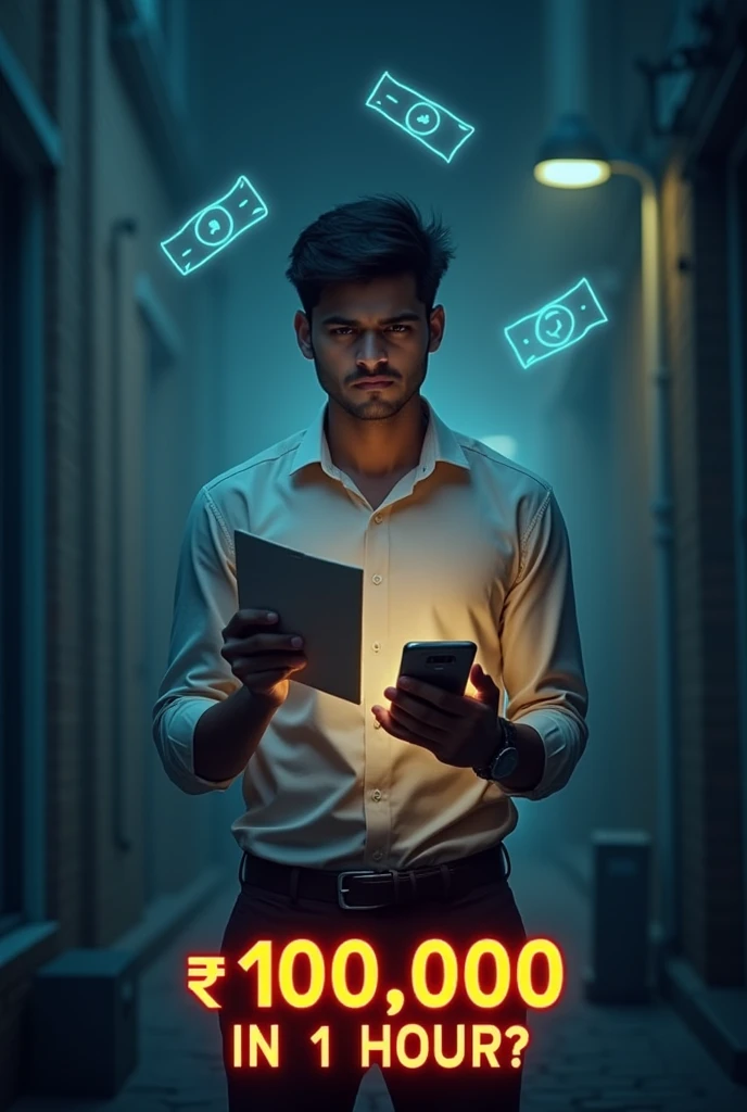 - Create an intense, suspense-filled thumbnail with a modern, urban background.
- Focus on a young man (Aditya) in his mid-20s, wearing casual office attire (light shirt, dark pants), holding a mysterious envelope in one hand and staring at a glowing phone screen in the other. His expression should be a mix of curiosity and tension.
- The background should include a hint of a cityscape with shadows of tall buildings but keep the lighting slightly dim, except for the phone screen's glow illuminating his face.
- In the background, add subtle ghostly imagery of cash notes flying or digital numbers flashing, hinting at the money challenge.
- Text on the thumbnail: "₹10,000 in 1 Hour?" in bold, eye-catching font with vibrant colors like red and yellow to add urgency.
Size: 1280x720