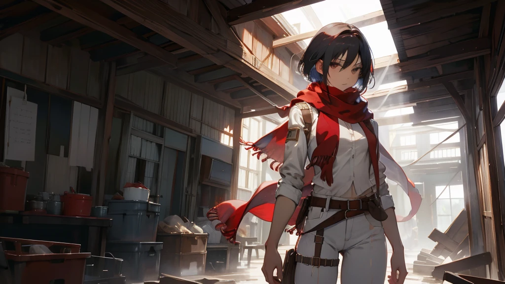 masterpiece, Highest quality, High resolution, Hmm, short hair, Iris, scarf, belt, Thigh straps, red scarf, White pants, White shirt, Are standing, Cowboy Shot,ruins