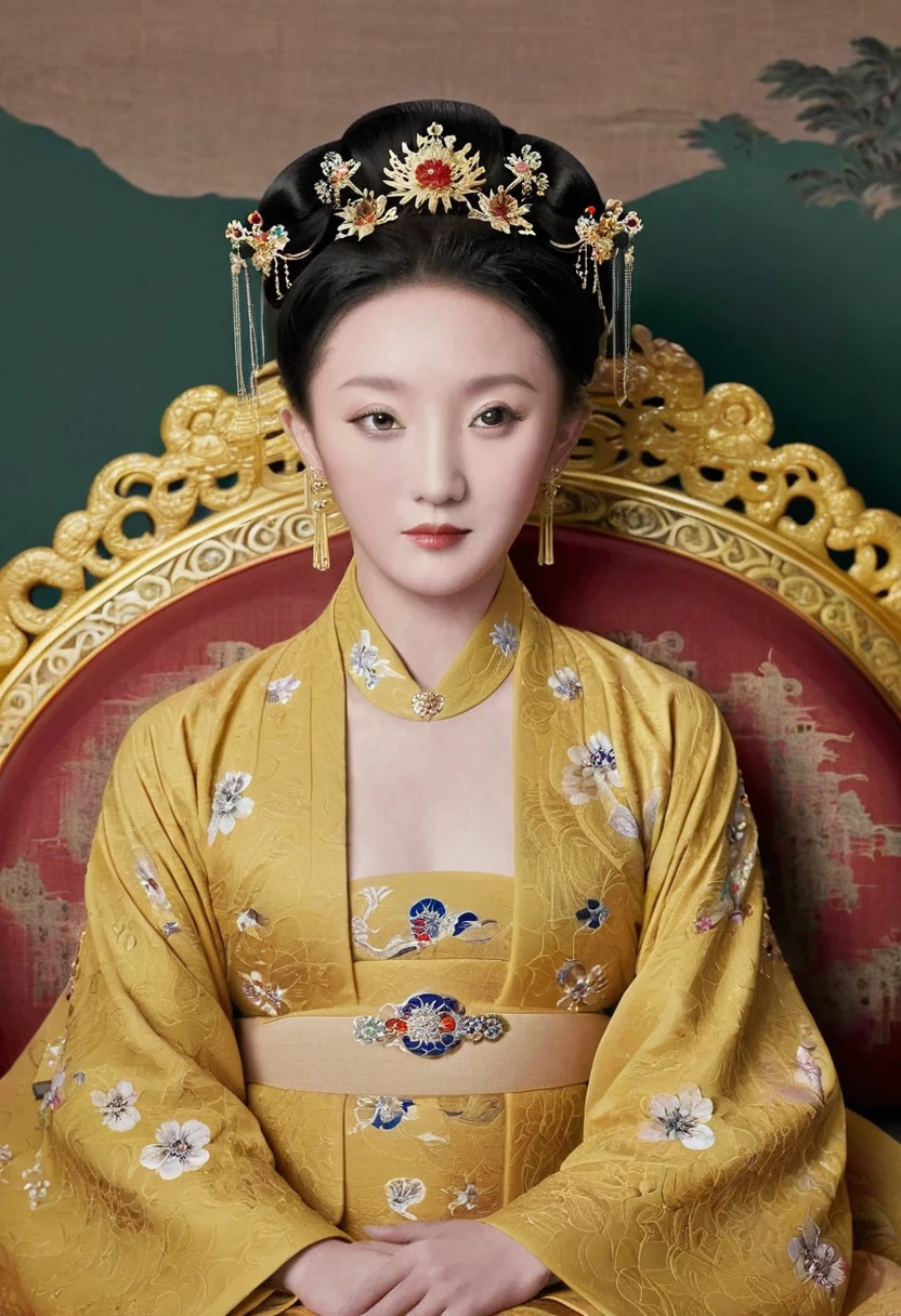 From the pre-Qing period, The Empress sits naked on a large golden sofa in the palace, Her legs were spread, At the Chinese court during the Qing Dynasty, Empress of the Qing Dynasty, Wearing the great crown of the Chinese Empress, Belly and thighs visible from below.。She is completely naked, Showing off gorgeous large flowers and hairpins, She tied her hair up and pulled it up, 背景はEmpress of the Qing Dynastyの豪華な宮殿.