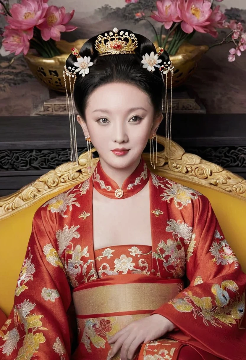 From the pre-Qing period, The Empress sits naked on a large golden sofa in the palace, Her legs were spread, At the Chinese court during the Qing Dynasty, Empress of the Qing Dynasty, Wearing the great crown of the Chinese Empress, Belly and thighs visible from below.。She is completely naked, Showing off gorgeous large flowers and hairpins, She tied her hair up and pulled it up, 背景はEmpress of the Qing Dynastyの豪華な宮殿.